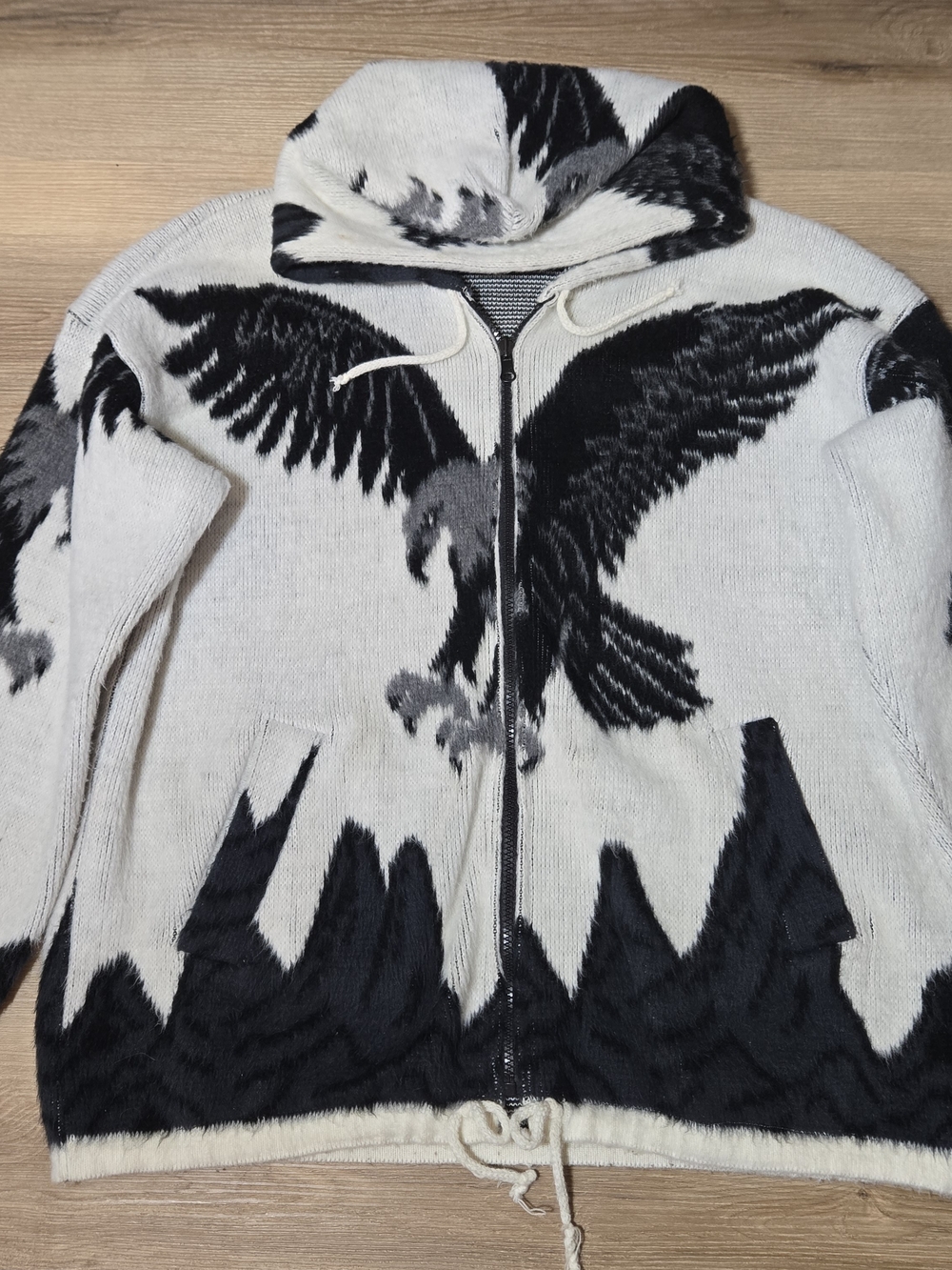 Vintage Black & White Eagle Zip-Up Wool Hoodie Jacket